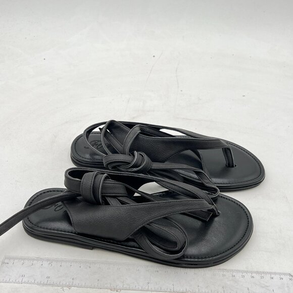 FOWT Black Split Round Toe Sandals Lace up Strappy Flats Soft Flip Flop Shoes - Picture 4 of 8